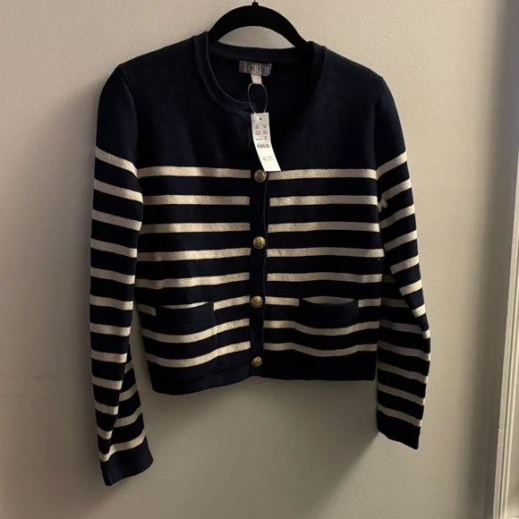 J. Crew Navy and Cream Striped Cardigan with Gold Buttons - Picture 1 of 4